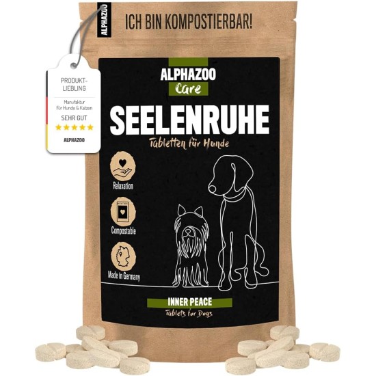 alphazoo Seelenruhe Natural Soothing Agent for Dogs, 120 x Tablets with Hemp Oil and Valerian, Against Stress and Anxiety, For More Relaxation