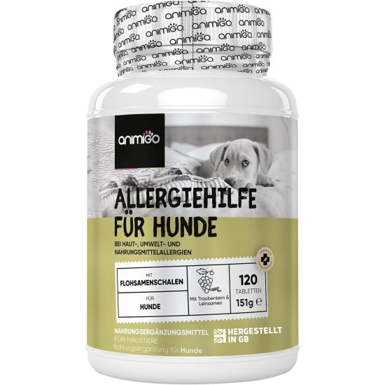 animigo Allergiehilfe für Hunde - 120 Allergie Tabletten für Haut-, Umwelt- & Nahrungsmittelallergien - Mit Kurkuma, Flohsamenschalen, Leinsamen, Traubenkernextrakt, Kürbiskern, Mit Huhn Geschmack animigo Allergiehilfe für Hunde - 120 Allergie Tabletten für Haut-, Umwelt- & Nahrungsmittelallergien - Mit Kurkuma, Flohsamenschalen, Leinsamen, Traubenkernextrakt, Kürbiskern, Mit Huhn Geschmack