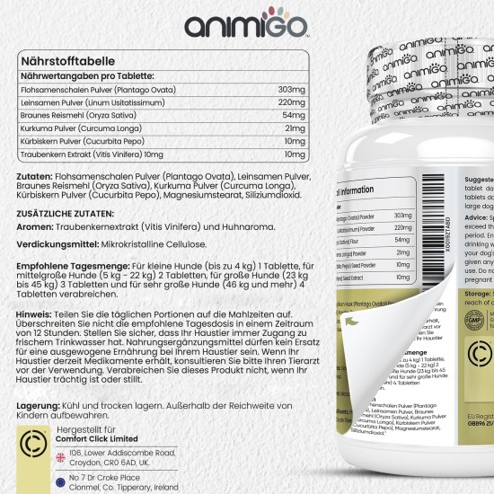 animigo Allergiehilfe für Hunde - 120 Allergie Tabletten für Haut-, Umwelt- & Nahrungsmittelallergien - Mit Kurkuma, Flohsamenschalen, Leinsamen, Traubenkernextrakt, Kürbiskern, Mit Huhn Geschmack animigo Allergiehilfe für Hunde - 120 Allergie Tabletten für Haut-, Umwelt- & Nahrungsmittelallergien - Mit Kurkuma, Flohsamenschalen, Leinsamen, Traubenkernextrakt, Kürbiskern, Mit Huhn Geschmack