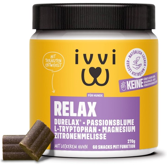 ivvi Relax - Soothing Agent for Dogs on New Year's Eve - with L-Tryptophan - Helpful to Soothe Anxiety and Stress - 60 Delicious Snacks with Chicken ivvi Relax - Soothing Agent for Dogs on New Year's Eve - with L-Tryptophan - Helpful to Soothe Anxiety and Stress - 60 Delicious Snacks with Chicken