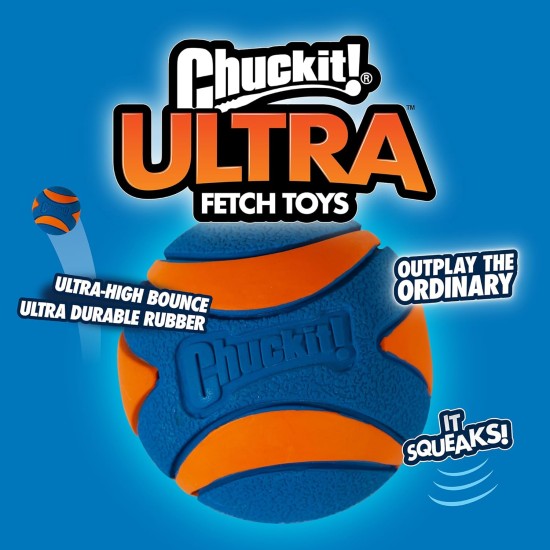Chuckit! Ultra Squeaky Ball Dog Toy, Durable High Bounce Floating Rubber Squeaky Dog Ball, Launcher Compatible Toy for Dogs, Pack of 3, Medium Chuckit! Ultra Squeaky Ball Dog Toy, Durable High Bounce Floating Rubber Squeaky Dog Ball, Launcher Compatible Toy for Dogs, Pack of 3, Medium