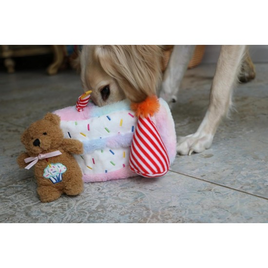 Dingo Waldemar Rutkowski Plush Dog Toy Birthday Cake with Bear and Party Hat with Squeakers Inside (Z30045) Dingo Waldemar Rutkowski Plush Dog Toy Birthday Cake with Bear and Party Hat with Squeakers Inside (Z30045)