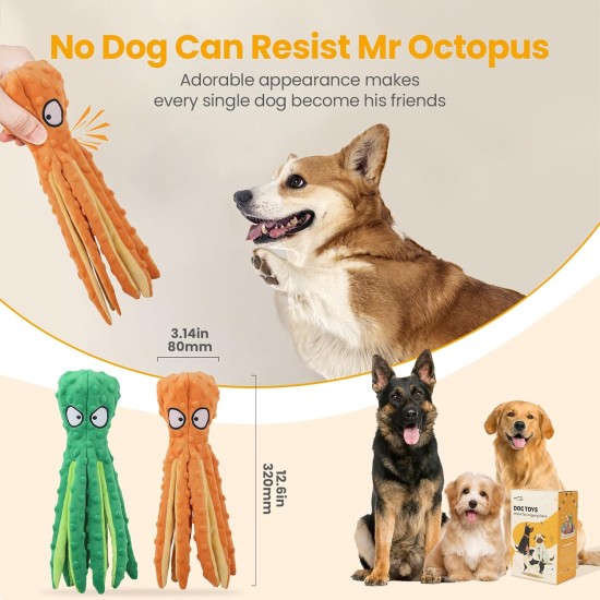 HGB Squeaky Dog Toy, Octopus, No Stuffing, Crinkle Plush Chew Toy for Puppy Teeth, Pet Training and Entertainment, Durable, Medium and Large Dogs, Pack of 2 HGB Squeaky Dog Toy, Octopus, No Stuffing, Crinkle Plush Chew Toy for Puppy Teeth, Pet Training and Entertainment, Durable, Medium and Large Dogs, Pack of 2