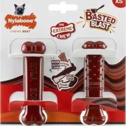 Nylabone, Basted Blast, Extremely Strong Chew Bone, Nylon Dog Toy, Bone Shape, Durable Chew Bone, Bacon and Steak Flavour, Extra Small, for Dogs up to 7 kg, Pack of 2 Nylabone, Basted Blast, Extremely Strong Chew Bone, Nylon Dog Toy, Bone Shape, Durable Chew Bone, Bacon and Steak Flavour, Extra Small, for Dogs up to 7 kg, Pack of 2