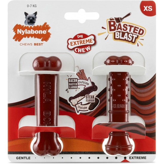 Nylabone, Basted Blast, Extremely Strong Chew Bone, Nylon Dog Toy, Bone Shape, Durable Chew Bone, Bacon and Steak Flavour, Extra Small, for Dogs up to 7 kg, Pack of 2