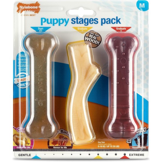 Nylabone Puppy Stages Triple Pack, Gentle Chicken Starter Chew, Graduate Maple Bacon Wood Stick, Graduate Beef Jerky Extreme Bone, Medium (1 Pack of 3 Chews) Nylabone Puppy Stages Triple Pack, Gentle Chicken Starter Chew, Graduate Maple Bacon Wood Stick, Graduate Beef Jerky Extreme Bone, Medium (1 Pack of 3 Chews)