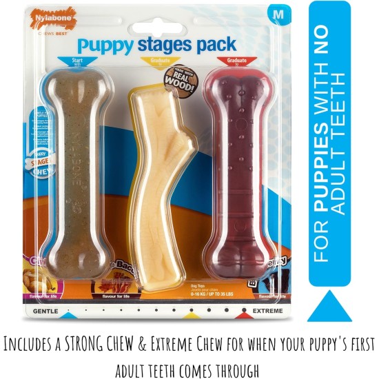 Nylabone Puppy Stages Triple Pack, Gentle Chicken Starter Chew, Graduate Maple Bacon Wood Stick, Graduate Beef Jerky Extreme Bone, Medium (1 Pack of 3 Chews) Nylabone Puppy Stages Triple Pack, Gentle Chicken Starter Chew, Graduate Maple Bacon Wood Stick, Graduate Beef Jerky Extreme Bone, Medium (1 Pack of 3 Chews)