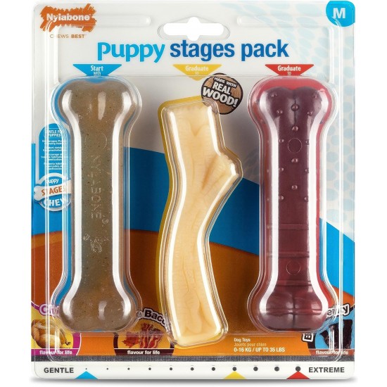 Nylabone Puppy Stages Triple Pack, Gentle Chicken Starter Chew, Graduate Maple Bacon Wood Stick, Graduate Beef Jerky Extreme Bone, Medium (1 Pack of 3 Chews) Nylabone Puppy Stages Triple Pack, Gentle Chicken Starter Chew, Graduate Maple Bacon Wood Stick, Graduate Beef Jerky Extreme Bone, Medium (1 Pack of 3 Chews)