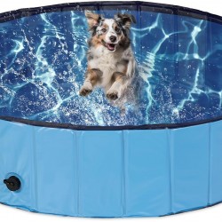 Relaxdays Dog Pool, H x D: 30 x 120 cm, Foldable, with Drain Valve, Dog Paddling Pool for Cooling, PVC & MDF, Blue Relaxdays Dog Pool, H x D: 30 x 120 cm, Foldable, with Drain Valve, Dog Paddling Pool for Cooling, PVC & MDF, Blue