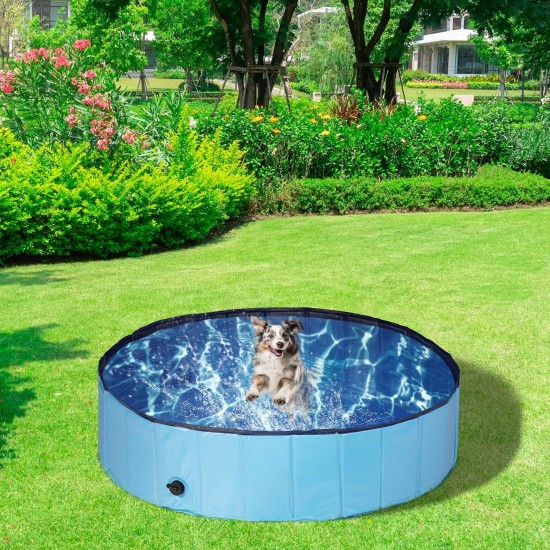 Relaxdays Dog Pool, H x D: 30 x 120 cm, Foldable, with Drain Valve, Dog Paddling Pool for Cooling, PVC & MDF, Blue Relaxdays Dog Pool, H x D: 30 x 120 cm, Foldable, with Drain Valve, Dog Paddling Pool for Cooling, PVC & MDF, Blue