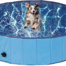Relaxdays Dog Pool, H x D: 30 x 120 cm, Foldable, with Drain Valve, Dog Paddling Pool for Cooling, PVC & MDF, Blue Relaxdays Dog Pool, H x D: 30 x 120 cm, Foldable, with Drain Valve, Dog Paddling Pool for Cooling, PVC & MDF, Blue