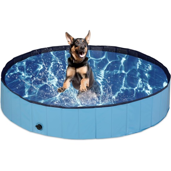 Relaxdays Dog Pool, H x D: 30 x 160 cm, Foldable, with Drain Valve, Dog Paddling Pool for Cooling, PVC & MDF, Blue Relaxdays Dog Pool, H x D: 30 x 160 cm, Foldable, with Drain Valve, Dog Paddling Pool for Cooling, PVC & MDF, Blue