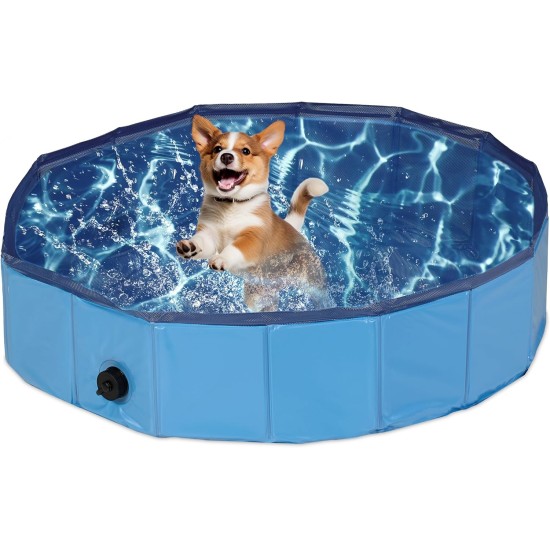 Relaxdays Dog Pool, H x D: 30 x 160 cm, Foldable, with Drain Valve, Dog Paddling Pool for Cooling, PVC & MDF, Blue Relaxdays Dog Pool, H x D: 30 x 160 cm, Foldable, with Drain Valve, Dog Paddling Pool for Cooling, PVC & MDF, Blue