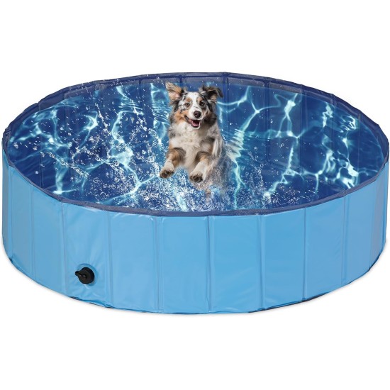 Relaxdays Dog Pool, H x D: 30 x 160 cm, Foldable, with Drain Valve, Dog Paddling Pool for Cooling, PVC & MDF, Blue Relaxdays Dog Pool, H x D: 30 x 160 cm, Foldable, with Drain Valve, Dog Paddling Pool for Cooling, PVC & MDF, Blue