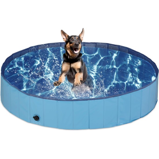 Relaxdays Dog Pool, H x D: 30 x 160 cm, Foldable, with Drain Valve, Dog Paddling Pool for Cooling, PVC & MDF, Blue Relaxdays Dog Pool, H x D: 30 x 160 cm, Foldable, with Drain Valve, Dog Paddling Pool for Cooling, PVC & MDF, Blue