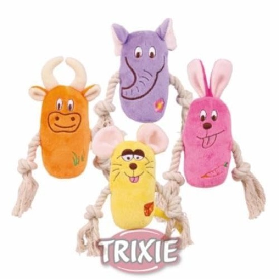 Trixie Animals with Rope Squeaker Plush Assorted Colours Trixie Animals with Rope Squeaker Plush Assorted Colours
