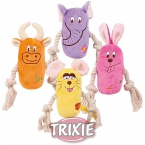 Trixie Animals with Rope Squeaker Plush Assorted Colours Trixie Animals with Rope Squeaker Plush Assorted Colours