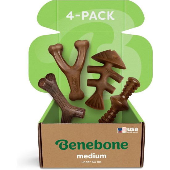 Benebone Durable Dog Chew Toy Box for Aggressive Chewers with Wishbone, Fishbone, Stick & Zaggler, Medium Benebone Durable Dog Chew Toy Box for Aggressive Chewers with Wishbone, Fishbone, Stick & Zaggler, Medium