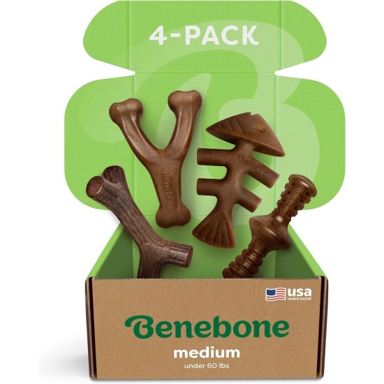 Benebone Durable Dog Chew Toy Box for Aggressive Chewers with Wishbone, Fishbone, Stick & Zaggler, Medium