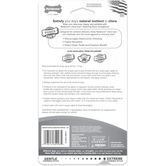 Nylabone 982904 Dura Power Chew Bone Shaped Twin Pack Bacon and Chicken Flavour Large Dogs (up to 23 kg) L Nylabone 982904 Dura Power Chew Bone Shaped Twin Pack Bacon and Chicken Flavour Large Dogs (up to 23 kg) L