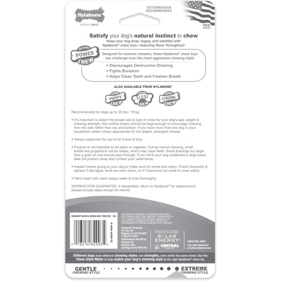 Nylabone 982904 Dura Power Chew Bone Shaped Twin Pack Bacon and Chicken Flavour Large Dogs (up to 23 kg) L Nylabone 982904 Dura Power Chew Bone Shaped Twin Pack Bacon and Chicken Flavour Large Dogs (up to 23 kg) L