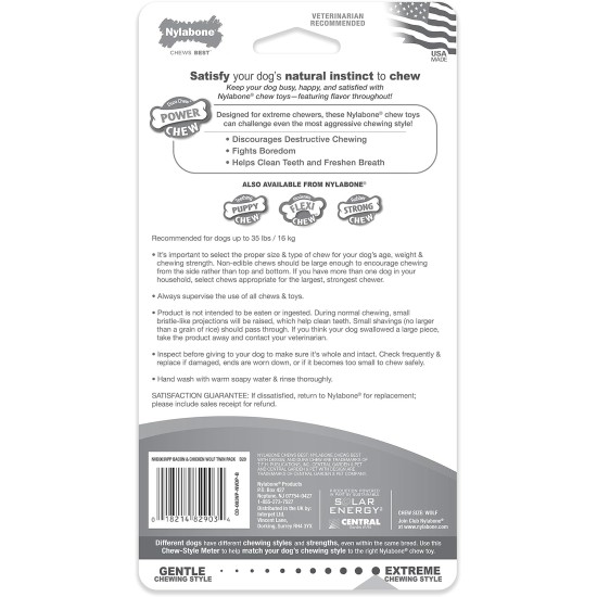 Nylabone 982904 Dura Power Chew Bone Shaped Twin Pack Bacon and Chicken Flavour Large Dogs (up to 23 kg) L Nylabone 982904 Dura Power Chew Bone Shaped Twin Pack Bacon and Chicken Flavour Large Dogs (up to 23 kg) L