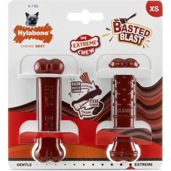 Nylabone, Basted Blast, Extremely Strong Chew Bone, Nylon Dog Toy, Bone Shape, Durable Chew Bone, Bacon and Steak Flavour, Extra Small, for Dogs up to 7 kg, Pack of 2 Nylabone, Basted Blast, Extremely Strong Chew Bone, Nylon Dog Toy, Bone Shape, Durable Chew Bone, Bacon and Steak Flavour, Extra Small, for Dogs up to 7 kg, Pack of 2