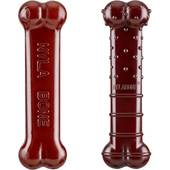 Nylabone, Basted Blast, Extremely Strong Chew Bone, Nylon Dog Toy, Bone Shape, Durable Chew Bone, Bacon and Steak Flavour, Extra Small, for Dogs up to 7 kg, Pack of 2 Nylabone, Basted Blast, Extremely Strong Chew Bone, Nylon Dog Toy, Bone Shape, Durable Chew Bone, Bacon and Steak Flavour, Extra Small, for Dogs up to 7 kg, Pack of 2