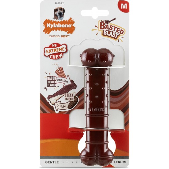Nylabone, Basted Blast Extremely Strong Chew Nylon Dog Toy, Bone Shape, Durable Chew Bone, Bacon and Steak Flavour, Medium, for Dogs up to 16 kg Nylabone, Basted Blast Extremely Strong Chew Nylon Dog Toy, Bone Shape, Durable Chew Bone, Bacon and Steak Flavour, Medium, for Dogs up to 16 kg