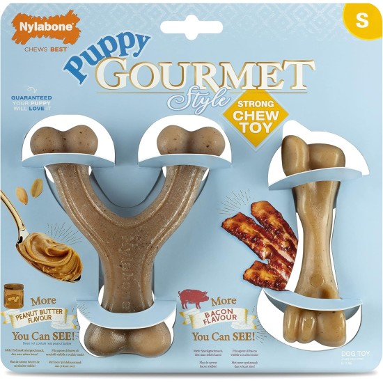 Nylabone Maximum Strength Tough Extreme Puppy Gourmet Bone Chew Toy, Adult Teeth, Continuous with Chicken and Peanut Butter, Small, for Puppies 0-11 kg, Twin Pack Nylabone Maximum Strength Tough Extreme Puppy Gourmet Bone Chew Toy, Adult Teeth, Continuous with Chicken and Peanut Butter, Small, for Puppies 0-11 kg, Twin Pack
