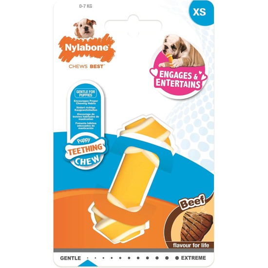 Nylabone, Puppy Chew Bone and Dental Care Toy for Teething Puppies, Soothing Chew Bone, for Extra Small Puppies up to 7 kg, for Gentle Chewing/Teething Dogs, Beef Flavour Nylabone, Puppy Chew Bone and Dental Care Toy for Teething Puppies, Soothing Chew Bone, for Extra Small Puppies up to 7 kg, for Gentle Chewing/Teething Dogs, Beef Flavour