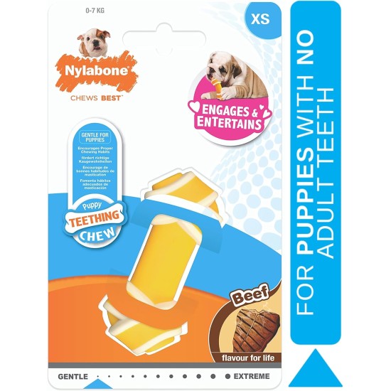 Nylabone, Puppy Chew Bone and Dental Care Toy for Teething Puppies, Soothing Chew Bone, for Extra Small Puppies up to 7 kg, for Gentle Chewing/Teething Dogs, Beef Flavour Nylabone, Puppy Chew Bone and Dental Care Toy for Teething Puppies, Soothing Chew Bone, for Extra Small Puppies up to 7 kg, for Gentle Chewing/Teething Dogs, Beef Flavour