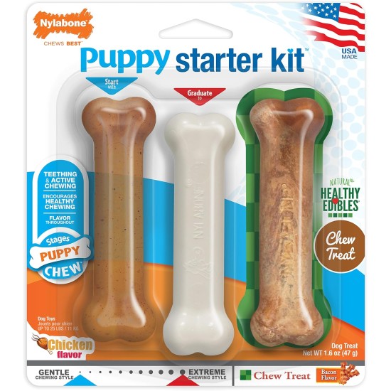 Nylabone, Puppy Chew Bone and Dental Care Toy for Teething Puppies, Soothing Chew Bone for Small Puppies up to 11 kg, for Gentle Chewing/Teething Dogs, Chicken and Peanut Butter, Pack of 2, Extra Nylabone, Puppy Chew Bone and Dental Care Toy for Teething Puppies, Soothing Chew Bone for Small Puppies up to 11 kg, for Gentle Chewing/Teething Dogs, Chicken and Peanut Butter, Pack of 2, Extra