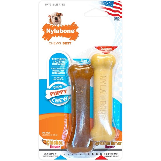 Nylabone, Puppy Chew Bone and Dental Care Toy for Teething Puppies, Soothing Chew Bone for Small Puppies up to 11 kg, for Gentle Chewing/Teething Dogs, Chicken and Peanut Butter, Pack of 2, Extra Nylabone, Puppy Chew Bone and Dental Care Toy for Teething Puppies, Soothing Chew Bone for Small Puppies up to 11 kg, for Gentle Chewing/Teething Dogs, Chicken and Peanut Butter, Pack of 2, Extra