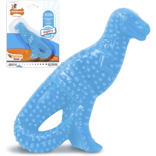 Nylabone, Puppy Chew Bone and Dental Care Toy for Teething Puppies, Soothing Chew Bone for Small Puppies up to 11 kg, for Gentle Chewing/Teething Dogs, Chicken Flavour, Dinosaur Shaped Nylabone, Puppy Chew Bone and Dental Care Toy for Teething Puppies, Soothing Chew Bone for Small Puppies up to 11 kg, for Gentle Chewing/Teething Dogs, Chicken Flavour, Dinosaur Shaped