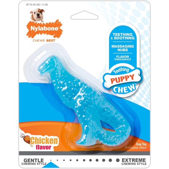 Nylabone, Puppy Chew Bone and Dental Care Toy for Teething Puppies, Soothing Chew Bone for Small Puppies up to 11 kg, for Gentle Chewing/Teething Dogs, Chicken Flavour, Dinosaur Shaped Nylabone, Puppy Chew Bone and Dental Care Toy for Teething Puppies, Soothing Chew Bone for Small Puppies up to 11 kg, for Gentle Chewing/Teething Dogs, Chicken Flavour, Dinosaur Shaped