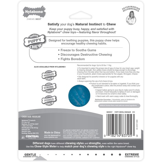 Nylabone, Puppy Chew Bone and Dental Care Toy for Teething Puppies, Soothing Chew Bone for Small Puppies up to 11 kg, for Gentle Chewing/Teething Dogs, Chicken Flavour, Dinosaur Shaped Nylabone, Puppy Chew Bone and Dental Care Toy for Teething Puppies, Soothing Chew Bone for Small Puppies up to 11 kg, for Gentle Chewing/Teething Dogs, Chicken Flavour, Dinosaur Shaped