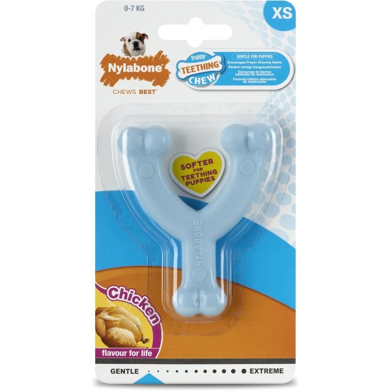 Nylabone Puppy Teething Toy Wishbone Puppy Blue Original Chicken Flavour, X-Small/Petite (Pack of 1)