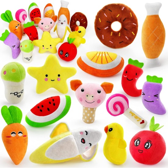 legend sandy Squeaky Toys for Dogs Cute Stuffed Plush Fruit Snacks and Vegetables Dog Toys for Puppy Small Medium Dogs Pets 14 Pack