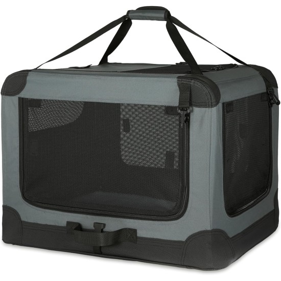 Amazon Basics Portable Folding Travel Kennel with Soft Sides and 4 Doors Large for Cats, Dogs, Rabbits and Other Small Animals, Grey, L 91 x W 61 x H 61 cm Amazon Basics Portable Folding Travel Kennel with Soft Sides and 4 Doors Large for Cats, Dogs, Rabbits and Other Small Animals, Grey, L 91 x W 61 x H 61 cm