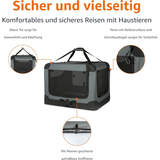 Amazon Basics Portable Folding Travel Kennel with Soft Sides and 4 Doors Large for Cats, Dogs, Rabbits and Other Small Animals, Grey, L 91 x W 61 x H 61 cm Amazon Basics Portable Folding Travel Kennel with Soft Sides and 4 Doors Large for Cats, Dogs, Rabbits and Other Small Animals, Grey, L 91 x W 61 x H 61 cm