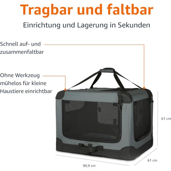 Amazon Basics Portable Folding Travel Kennel with Soft Sides and 4 Doors Large for Cats, Dogs, Rabbits and Other Small Animals, Grey, L 91 x W 61 x H 61 cm Amazon Basics Portable Folding Travel Kennel with Soft Sides and 4 Doors Large for Cats, Dogs, Rabbits and Other Small Animals, Grey, L 91 x W 61 x H 61 cm