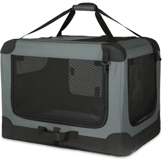 Amazon Basics Portable Folding Travel Kennel with Soft Sides and 4 Doors Large for Cats, Dogs, Rabbits and Other Small Animals, Grey, L 91 x W 61 x H 61 cm Amazon Basics Portable Folding Travel Kennel with Soft Sides and 4 Doors Large for Cats, Dogs, Rabbits and Other Small Animals, Grey, L 91 x W 61 x H 61 cm