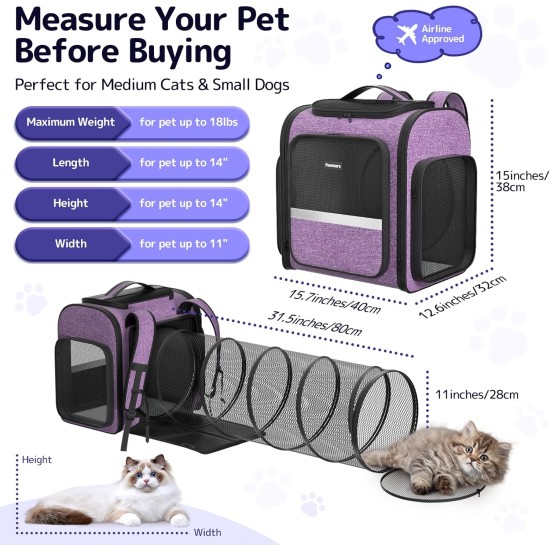 Cat Carrier Backpacks with Expandable Cat Play Tunnel, Airline Approved Pet Backpack for Small Dogs and Large Cats up to 25 lbs, Foldable Cat Travel Carrier Cat Carrier Backpacks with Expandable Cat Play Tunnel, Airline Approved Pet Backpack for Small Dogs and Large Cats up to 25 lbs, Foldable Cat Travel Carrier