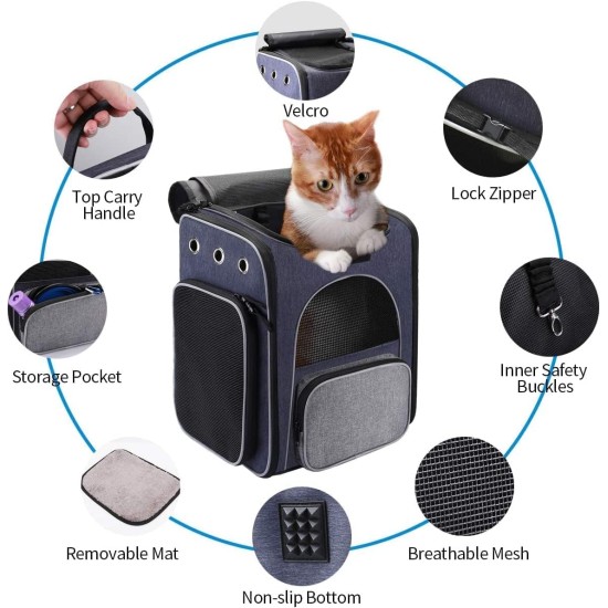 Cat and dog backpack, foldable, breathable pet backpack with inner safety lead, foldable dog bowl, for hiking, travel, outdoor use Cat and dog backpack, foldable, breathable pet backpack with inner safety lead, foldable dog bowl, for hiking, travel, outdoor use