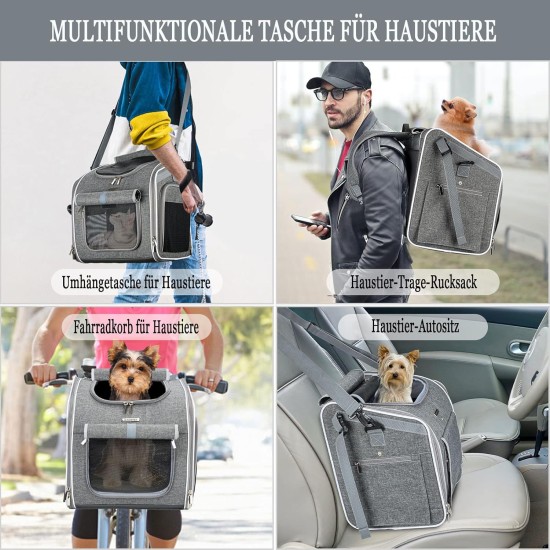 Dog Bicycle Basket, Expandable Soft Bicycle Transport Backpack with 4 Open Doors, 4 Mesh Windows for Small Dog Cat Puppy - Grey Dog Bicycle Basket, Expandable Soft Bicycle Transport Backpack with 4 Open Doors, 4 Mesh Windows for Small Dog Cat Puppy - Grey