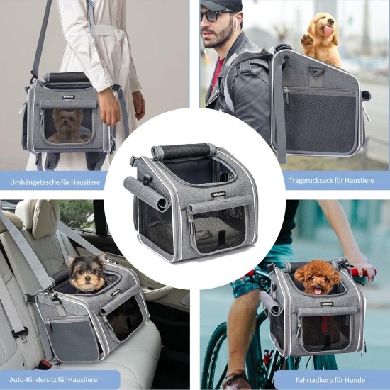 Dog Bicycle Basket, Expandable Soft Pet Carrier Backpack with 4 Open Doors, 4 Mesh Window for Small Dog Cat Puppy Grey Dog Bicycle Basket, Expandable Soft Pet Carrier Backpack with 4 Open Doors, 4 Mesh Window for Small Dog Cat Puppy Grey