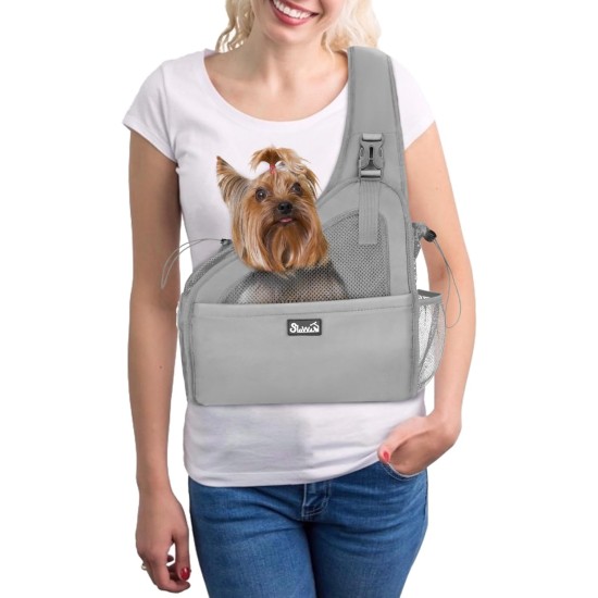 Dog Friendly Sling Dogs, Hands-Free Travel Bag for Small Pets with Adjustable Straps, Hardboard Base Safety Belt, for Dogs up to 2.8 kg, Widened Version, Grey Dog Friendly Sling Dogs, Hands-Free Travel Bag for Small Pets with Adjustable Straps, Hardboard Base Safety Belt, for Dogs up to 2.8 kg, Widened Version, Grey