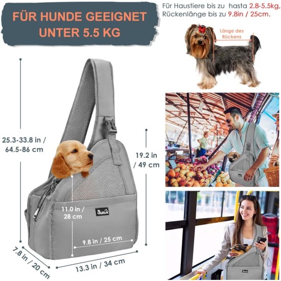 Dog Friendly Sling Dogs, Hands-Free Travel Bag for Small Pets with Adjustable Straps, Hardboard Base Safety Belt, for Dogs up to 2.8 kg, Widened Version, Grey Dog Friendly Sling Dogs, Hands-Free Travel Bag for Small Pets with Adjustable Straps, Hardboard Base Safety Belt, for Dogs up to 2.8 kg, Widened Version, Grey