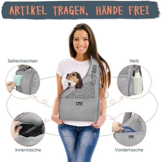Dog Friendly Sling Dogs, Hands-Free Travel Bag for Small Pets with Adjustable Straps, Hardboard Base Safety Belt, for Dogs up to 2.8 kg, Widened Version, Grey Dog Friendly Sling Dogs, Hands-Free Travel Bag for Small Pets with Adjustable Straps, Hardboard Base Safety Belt, for Dogs up to 2.8 kg, Widened Version, Grey